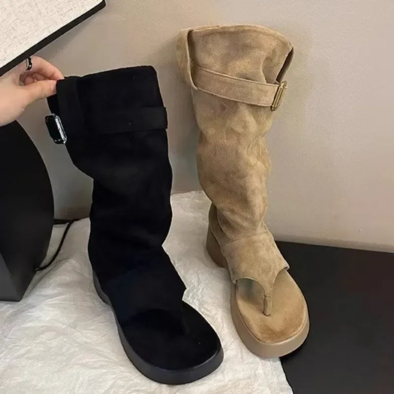 Spicy Girl Khaki Black Imitation Deer Skin Round Toe Platform Belt Buckle Casual Half Boots Boots Women's Summer Shoes