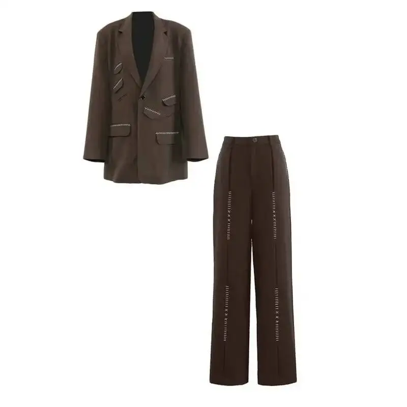 Fashion Coffee 2 Piece Set Women's Open Line Multi Pocket Blazer High Waist Wide Leg Pants Suit Sprin B24X