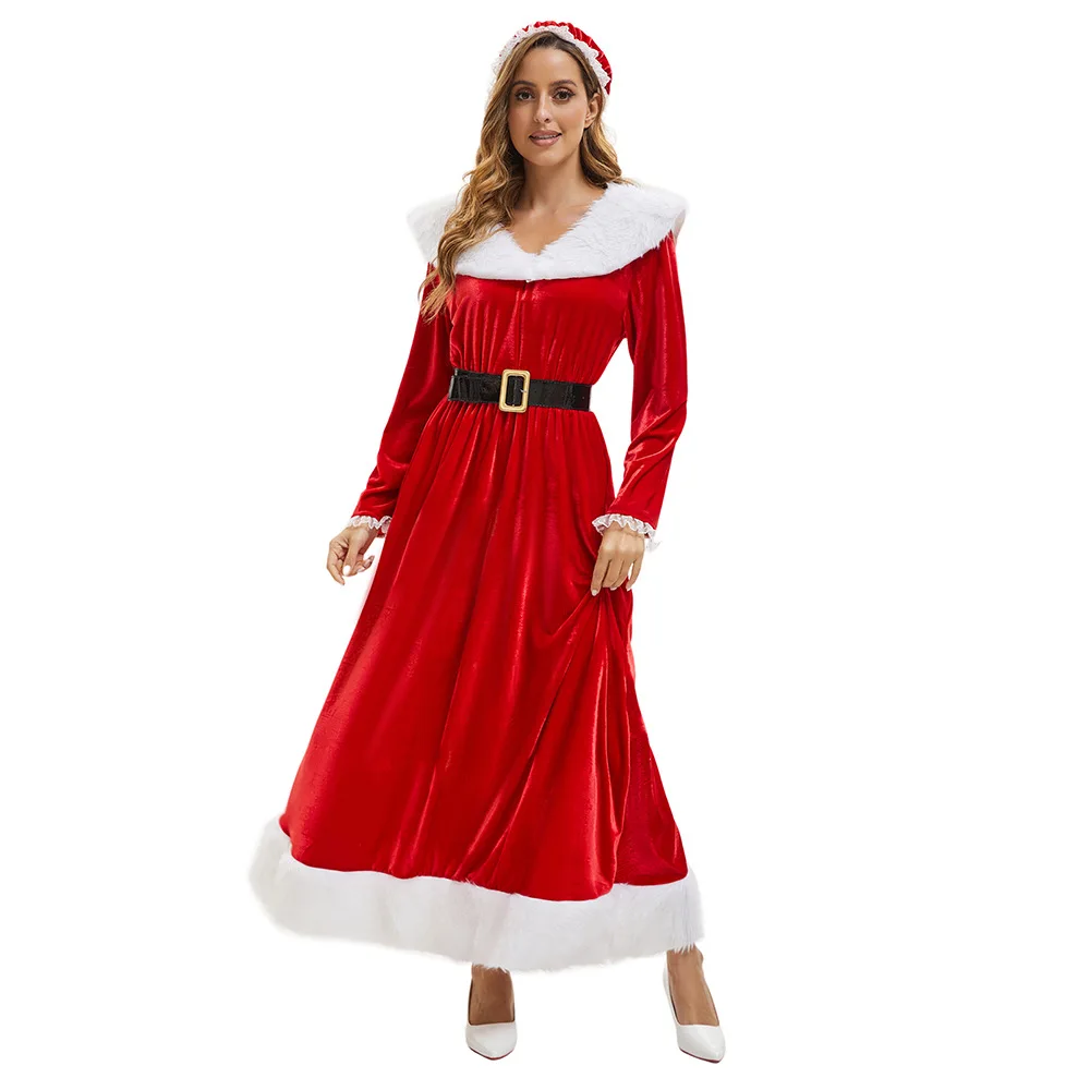 Christmas Cosplay Santa Claus Costume Red Dress Hooded Belt Suits Festival Theme Party Role Playing Outfit Adult Women