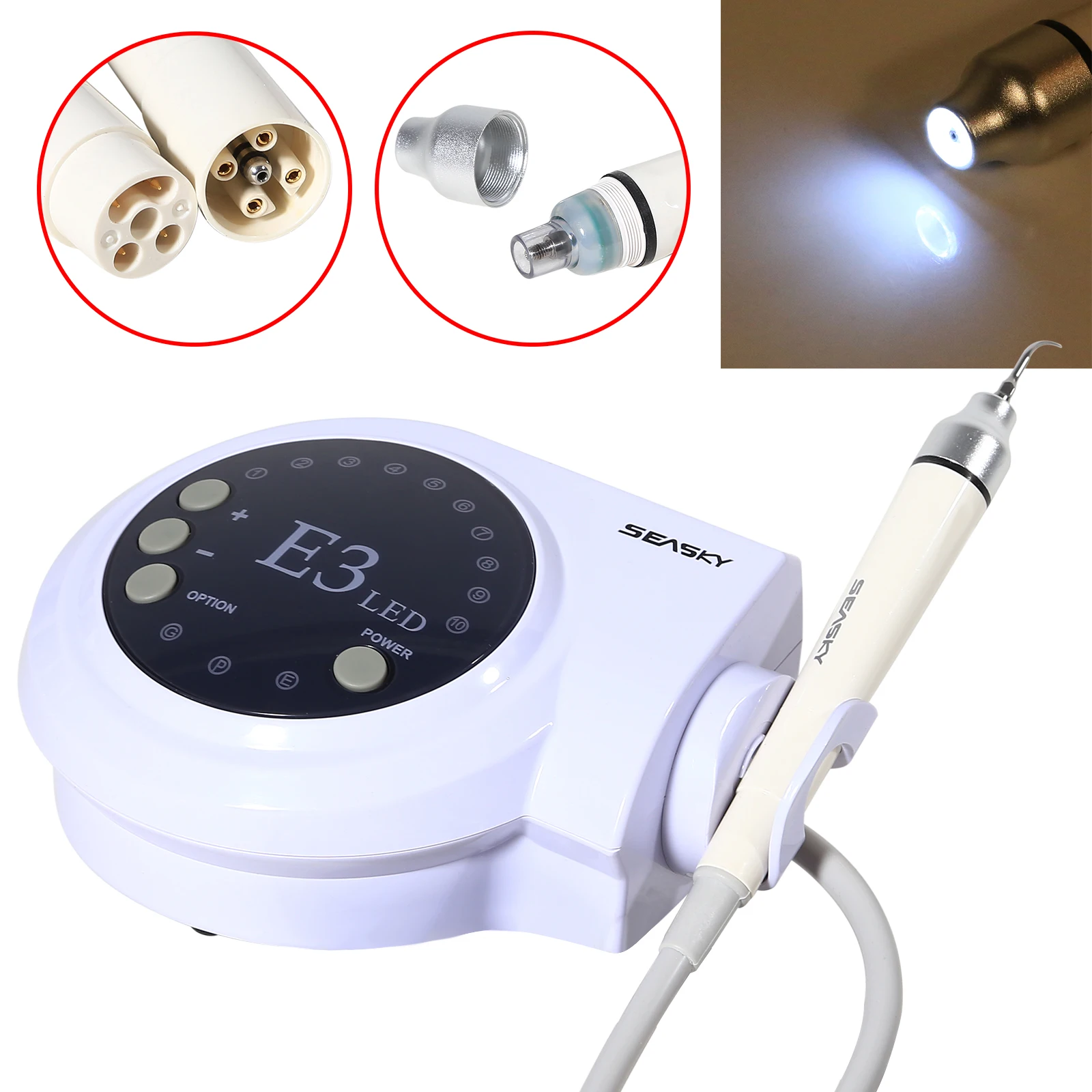 

Dental Ultrasonic Unit E3 Scaler LED Light Handpiece Torque Wrench + 5*Tips (2*G1 + G2 + G4 + P1) Fit Woodpecker EMS Cavitron