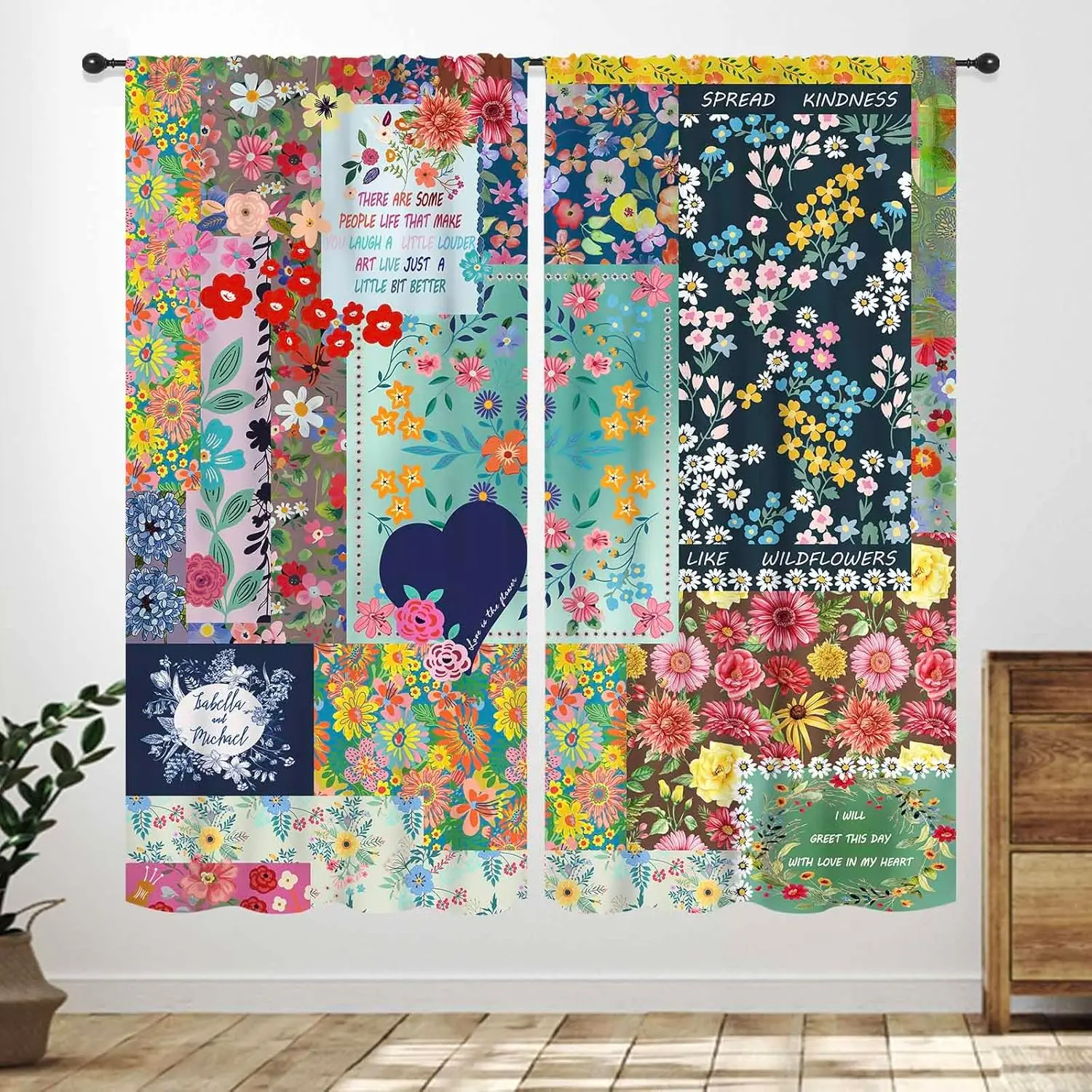Boho Patchwork Curtains,Spring Colorful Wildflower Farmhouse Bohemian Country Retro Floral Rural Cottage Bedroom Living Room