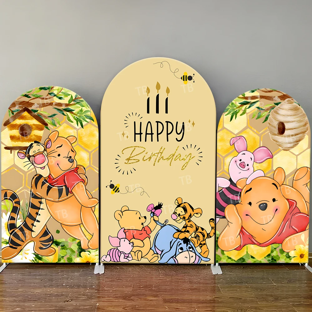 

Winnie The Pooh Happy Birthday Arch Backdrop Cover Honey Bee Theme Tigger Piglet Decor for Kids Party Photo Booth Supplies