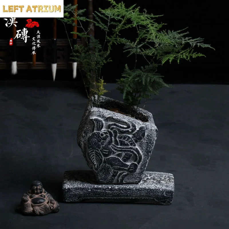 Handmade Carved Pottery Bonsai Pot, Chinese Pattern,Classical Home Table, Garden Decoration, Chinese Pattern