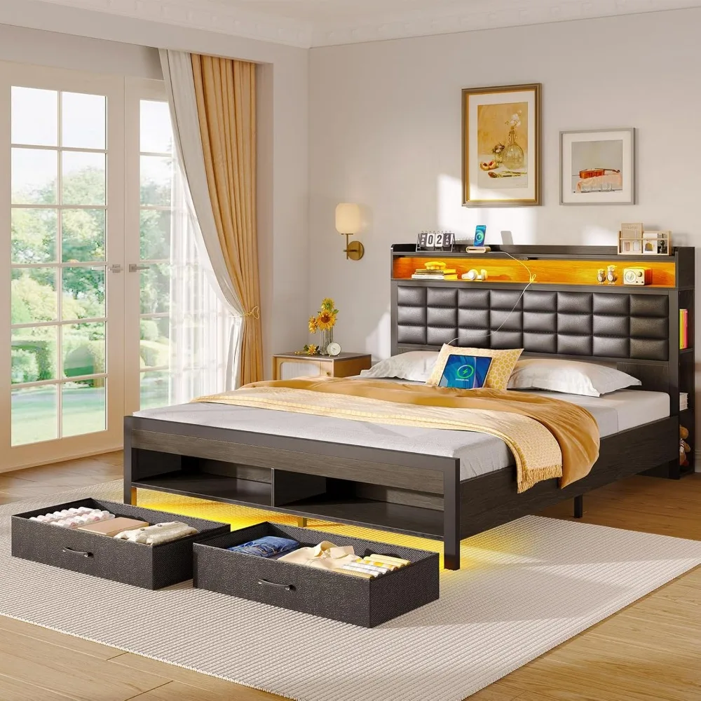 Cama de plataforma estofada em tamanho real com armazenamento, cabeceira, 2 gavetas, estação de carregamento e luz LED