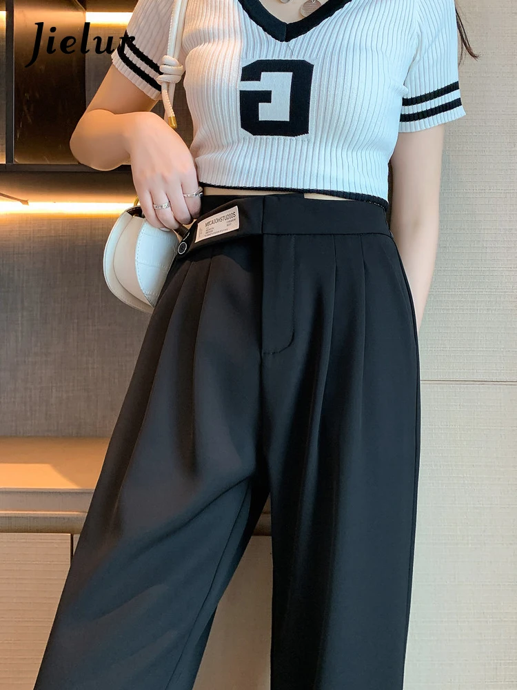 Jielur Summer Ice Silk High Waist Suit Wide Leg Pants Women Drape Loose Black Pants Female Solid Color Korean Trousers M-XXL