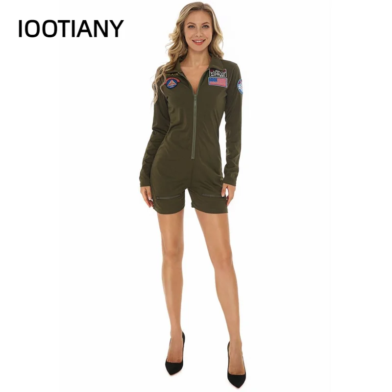 Top Gun Cosplay Amerikaanse Luchtmacht Aviator Uniform Halloween Kostuums Voor Vrouwen Volwassen Legergroen Militaire Piloot Jumpsuit