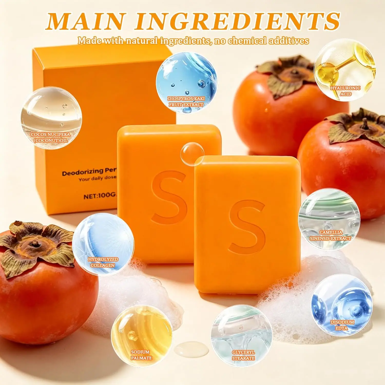 Natural Persimmon Soap with Mesh Smell Cleanser Deodorizing Cleanser Bar for Body Odor Control Gentle Formula for Sensitive Skin