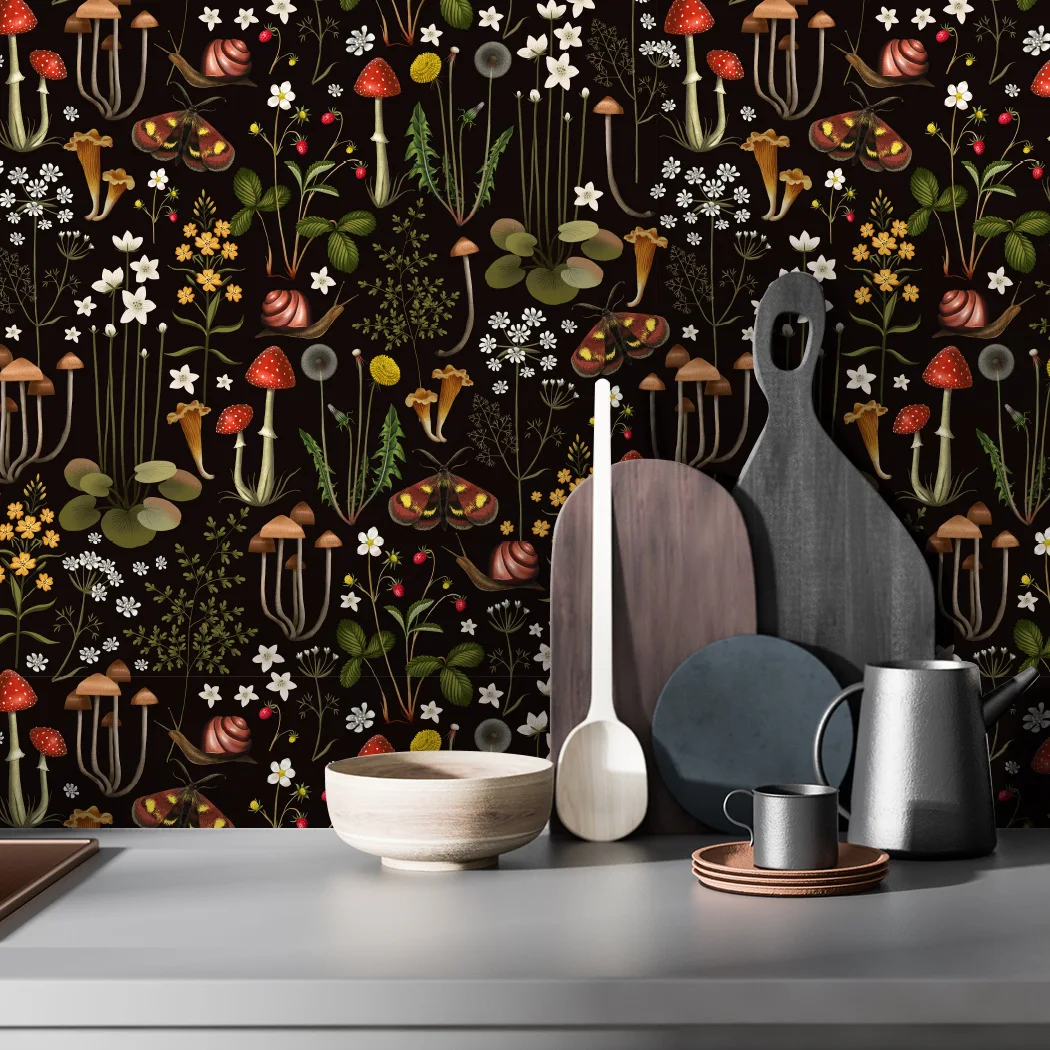 Black Fairy Forest Wallpaper Peel and Stick Mushrooms Floral Wallpaper Mural Dark Botanical Contact Paper for Bedroom Kids Room