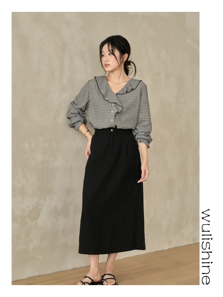 

Женская приталенная рубашка в клетку с длинным рукавом и V-образным вырезом, тонкая, на пуговицах, для ранней весны, из смесовой ткани (полиэстер, вискоза, акрил) W082