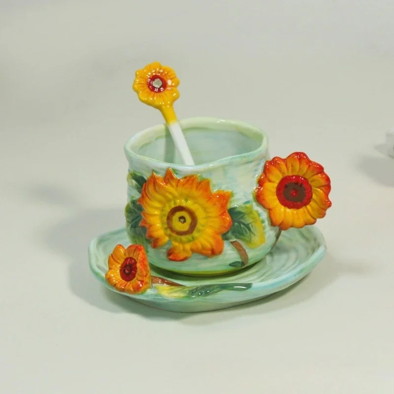 300ML Ceramic Sunflower Coffee Cup and Saucer Creative Embossed 3D Flower Mug Exquisite Afternoon Tea or Floral Tea Cup Gift New