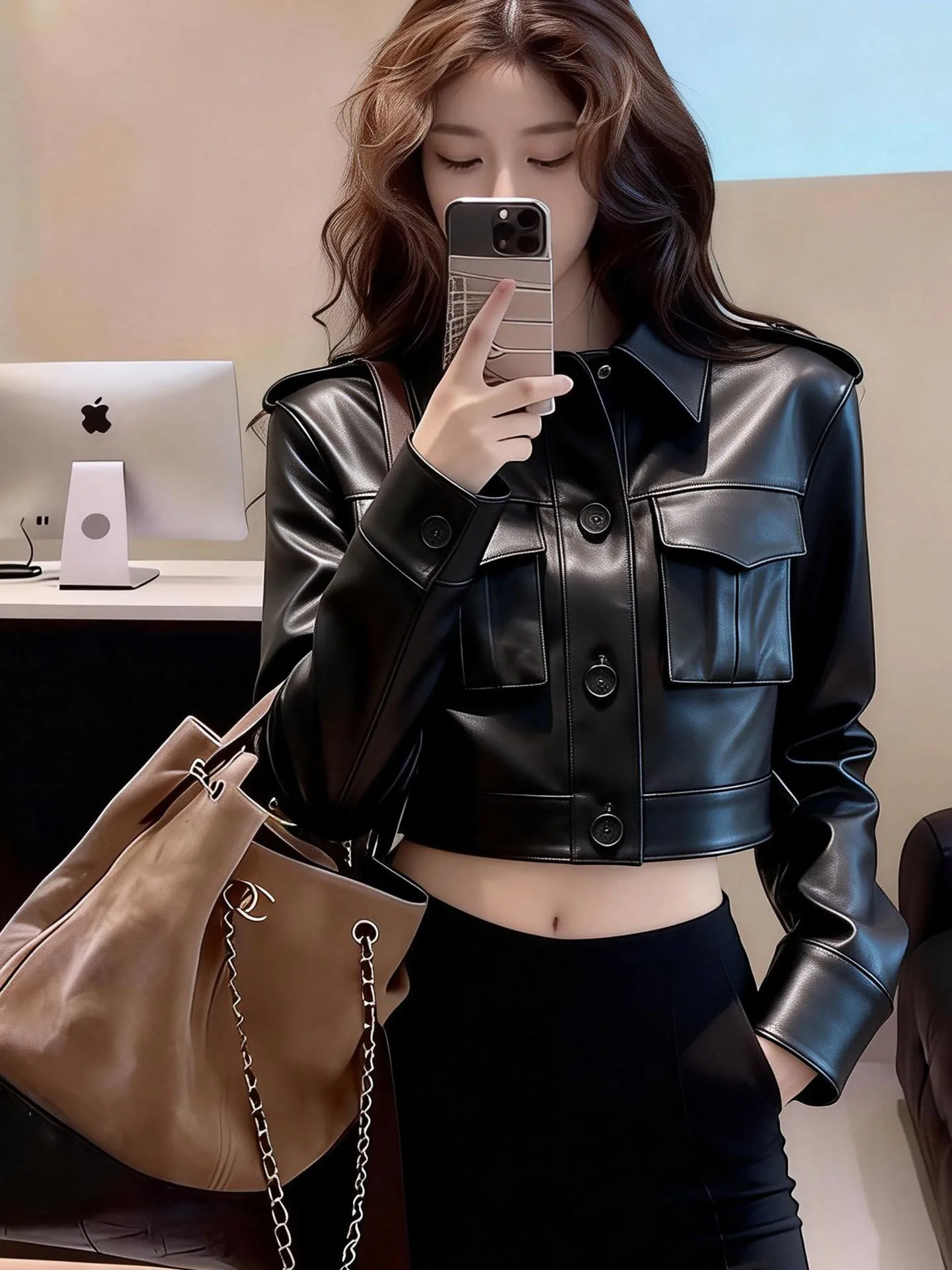 Chaqueta de Cuero Ele Bla para Mujer, Primavera 2026, Elegante, Entallada, Versátil, con Cuello Alto y Botones