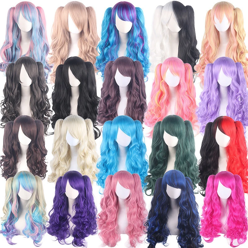 Cosplay anime wig , long curly , faux hair with double ponytails