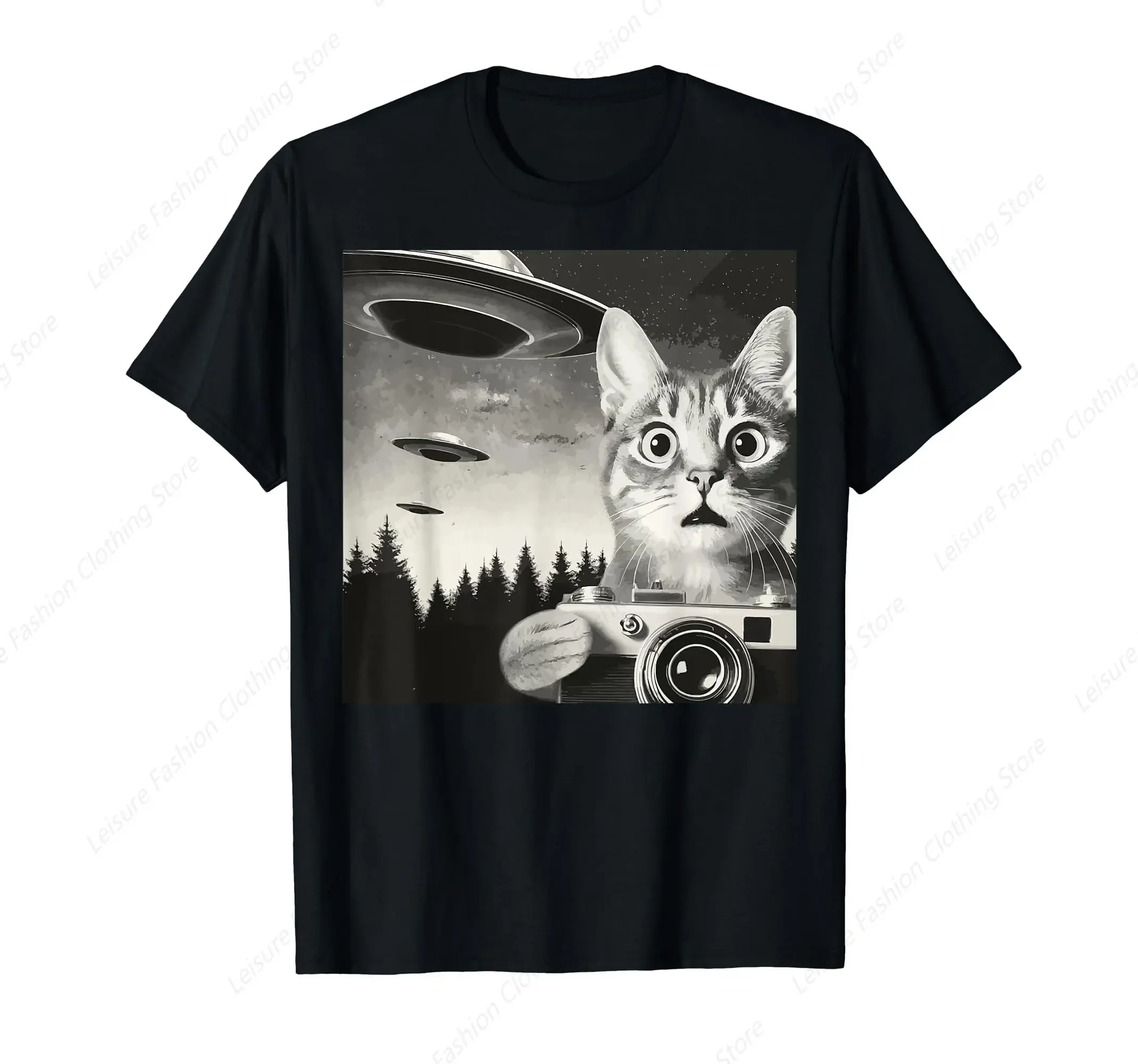 Alien Cat UFO Camera Graphic Alien Feline Photography T-Shirt