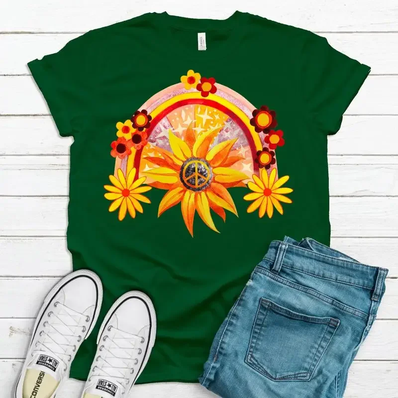 Cute Hippie Rainbow Daisy And Sunflowers Design Premium T Shirt Plus Size 2x 3x 4x Available