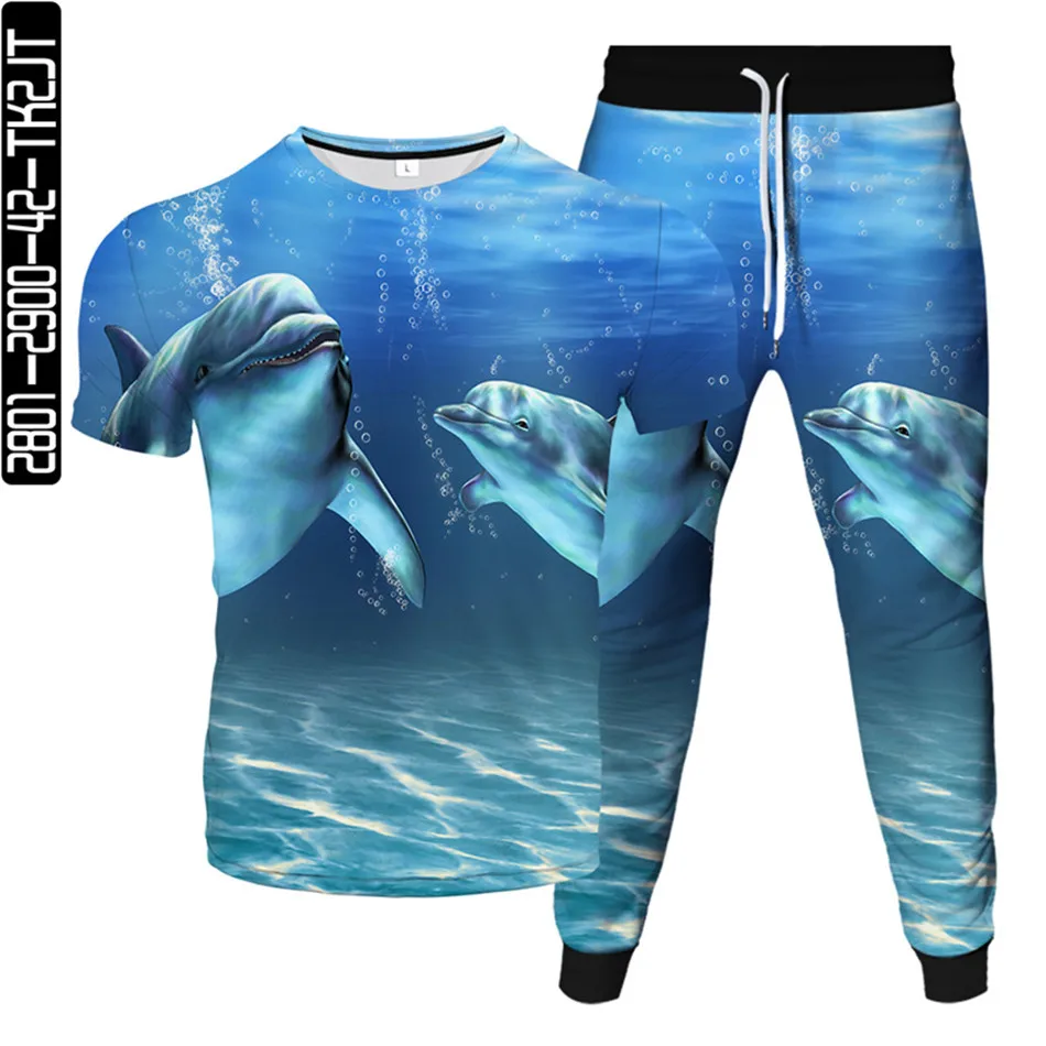 Underwater World Animal Fish Dolphin Shark Print Men Women Fashion Clothes Suits Male T-Shirt+Trousers 2Pcs Sets Tracksuit S-6XL