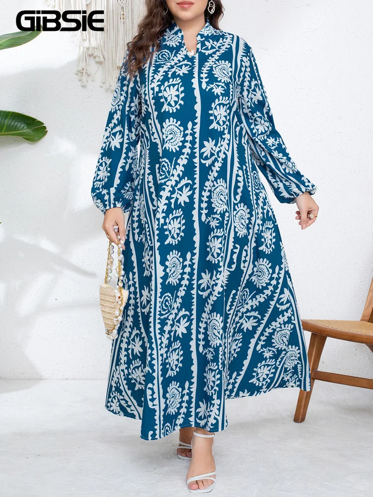 

Платье GIBSIE Plus Size с винтажным принтом, повседневное, длинное, женское, весна 2026, новинка, с воротником-стойкой, с длинным рукавом, для отпуска, А-силуэт