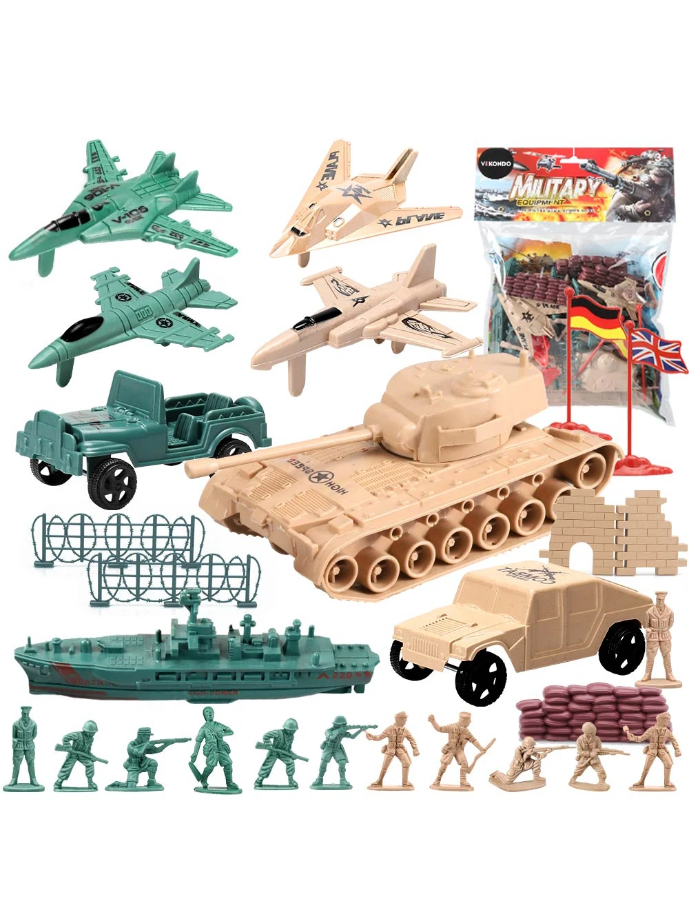 ViiKONDO Army Men Toy Military Playset Green vs Tan Soldier 30pcs Armored Vehicle Tank Fighter Warship Model Wargame Boy's Gift