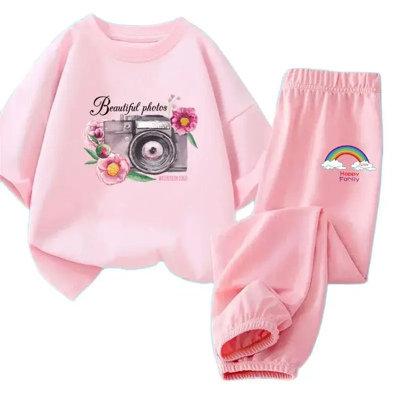 3-14y Girls Summer Clothes Set Vintage Camera Flower Short Sleeve T-shirt+Pants 2 piece Outfits Kids Fashion Tracksuit