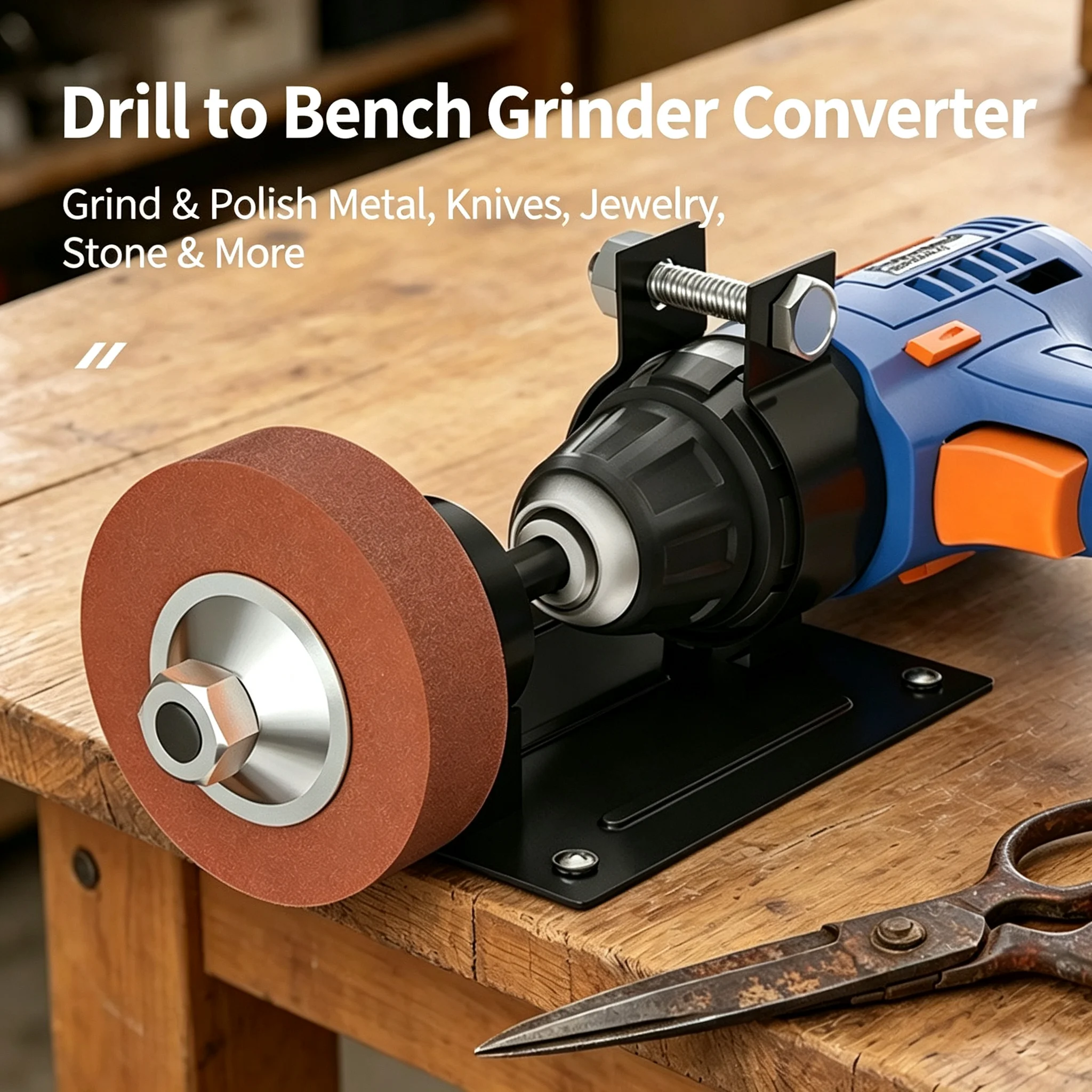 Mini Bench Grinder Converter Kit Portable Desktop Grinding Stand with75mmWheel, Convert Cordless Electric Drill to Bench Grinder