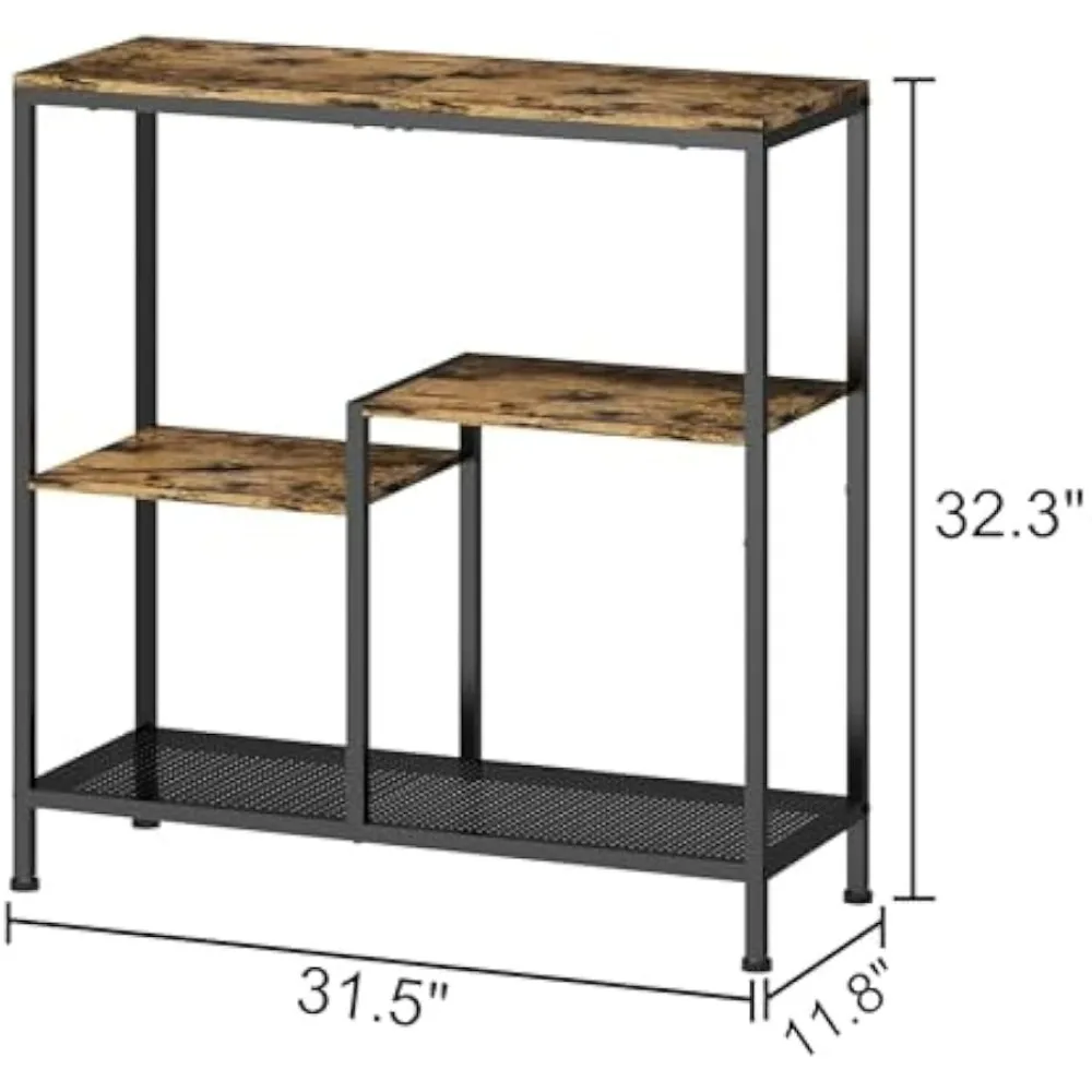 Sofa Table, 3 Tier Console Table for Entryway, Narrow Entry Table&Open Storage Shelves,Skinny Side Table Rustic Brown and Black