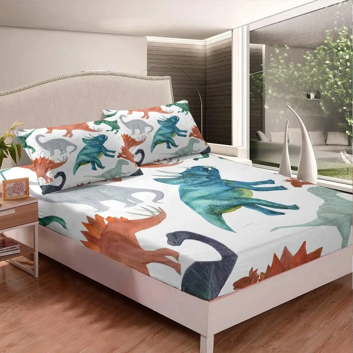 Dinosaurs printed Sheets Set for Boys 3D Realistic Dinosaur Green Fitted Sheets Set Kids Adults Teens Bedroom 3pcs Bedding Sheet