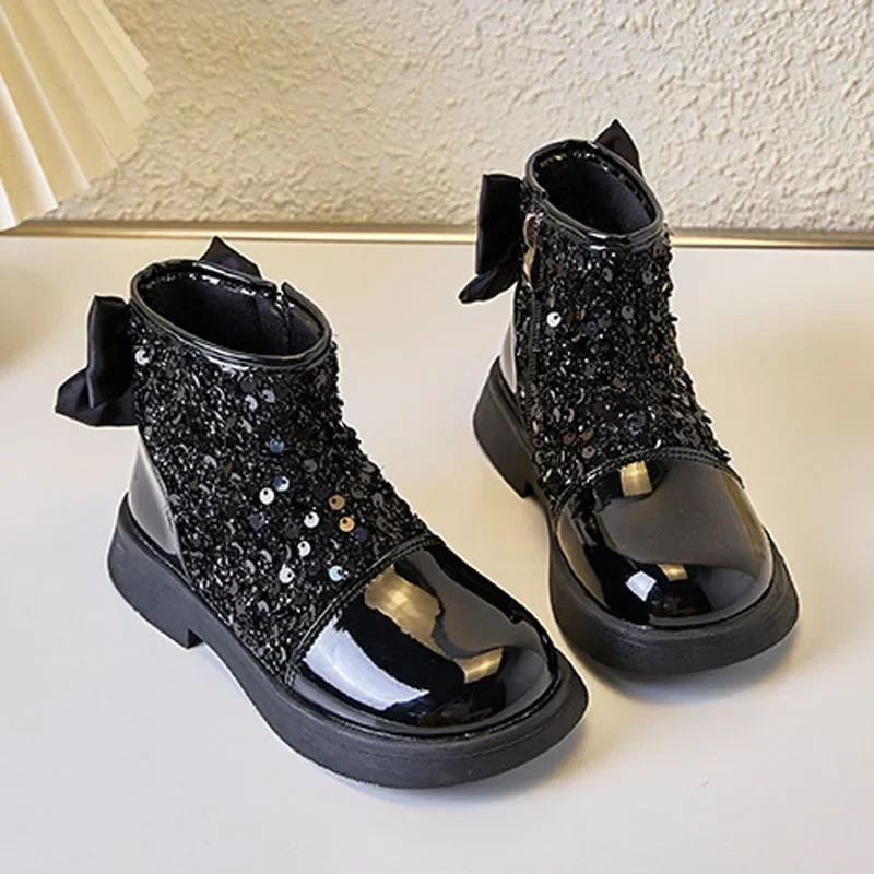 Girls Princess Boots Autumn Winter Toddler Kids Fashion Brand Middle Calf Boots Children High Top Glitter Bowtie Shoes Soft Sole