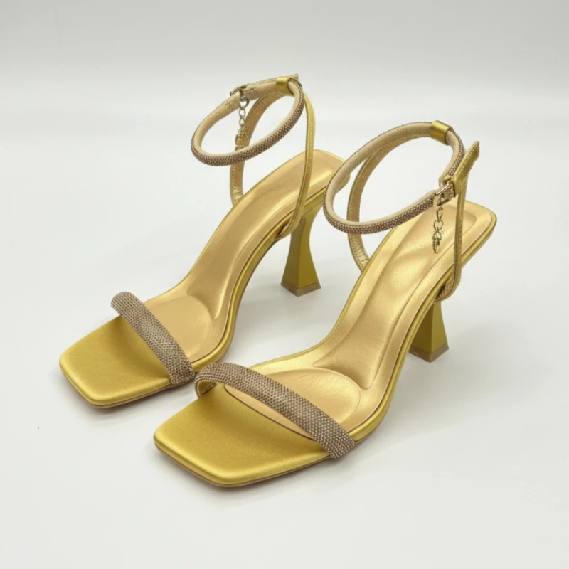 

Women's Gold Satin Rhinestone Ankle Strap High Heels - Square Toe Party Dress Sandals with Unique Heel Design
