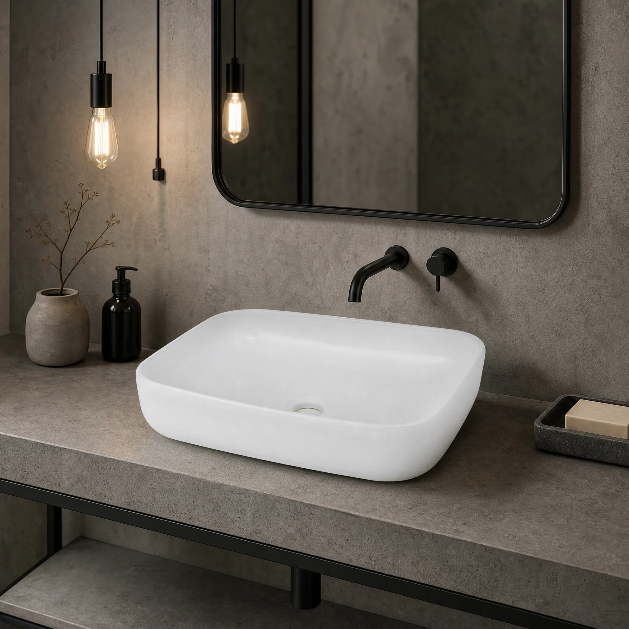 Bathroom Vessel Sink, 19.69'' x 15.75'' x 5.31'' Semi Recessed Bathroom Sink Rectangular White Ceramic Sinks for Bathroom Modern Bath Sink Bowl Vanity Sinks Above Counter Basin