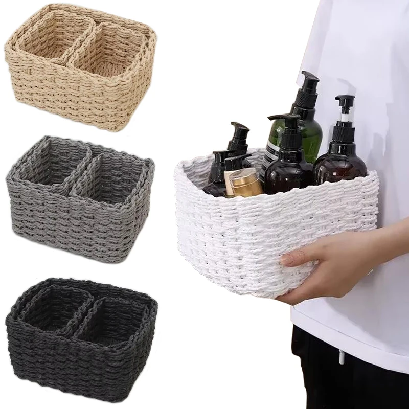 Cesta de almacenamiento de cuerda de papel redonda suave tejida de paja hecha a mano, 3 uds., para organizar contenedores de almacenamiento decorativos, caja de almacenamiento de oficina