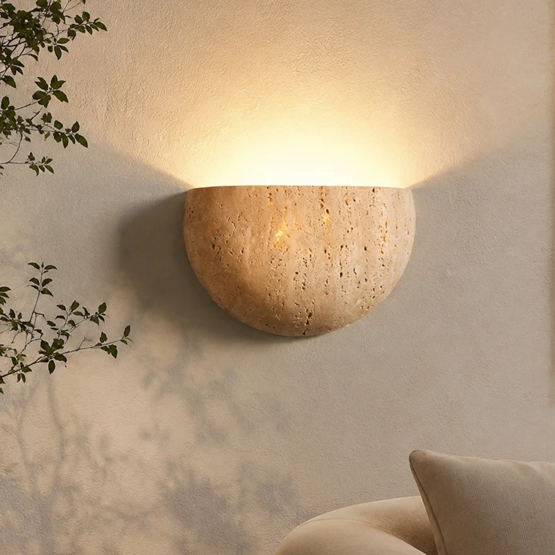 Natural Travertine Wall Lamp LED Semi Circle Wall Sconce Wabi-Sabi Art Wall Lighting For Living Room Dining Room Bedroom Decor