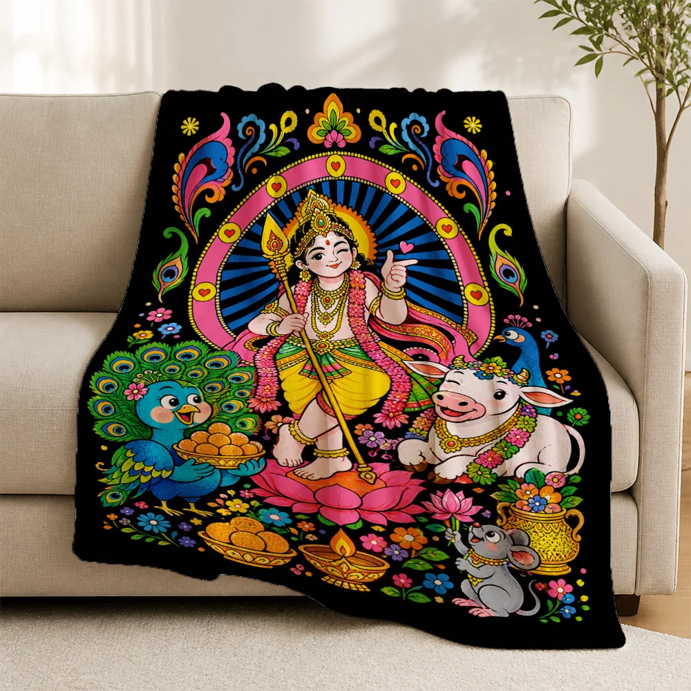 Multi-Colored Krishna Ganesha Mythological Sofa Throw Blanket Indian Tapestry Hindu Lord Art Decor Accent Cushion for Home