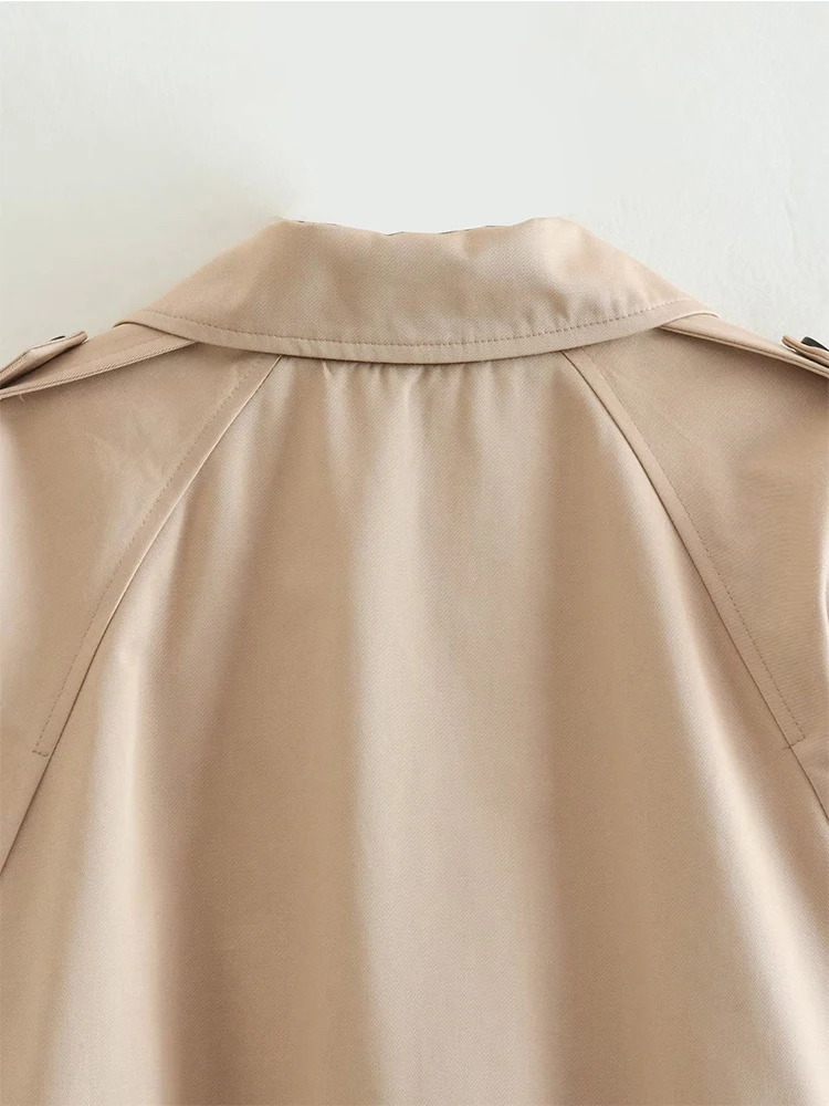 Mode wanita baru dengan sabuk mantel Trench crop besar antik kancing ganda lengan panjang Khaki pendek wanita