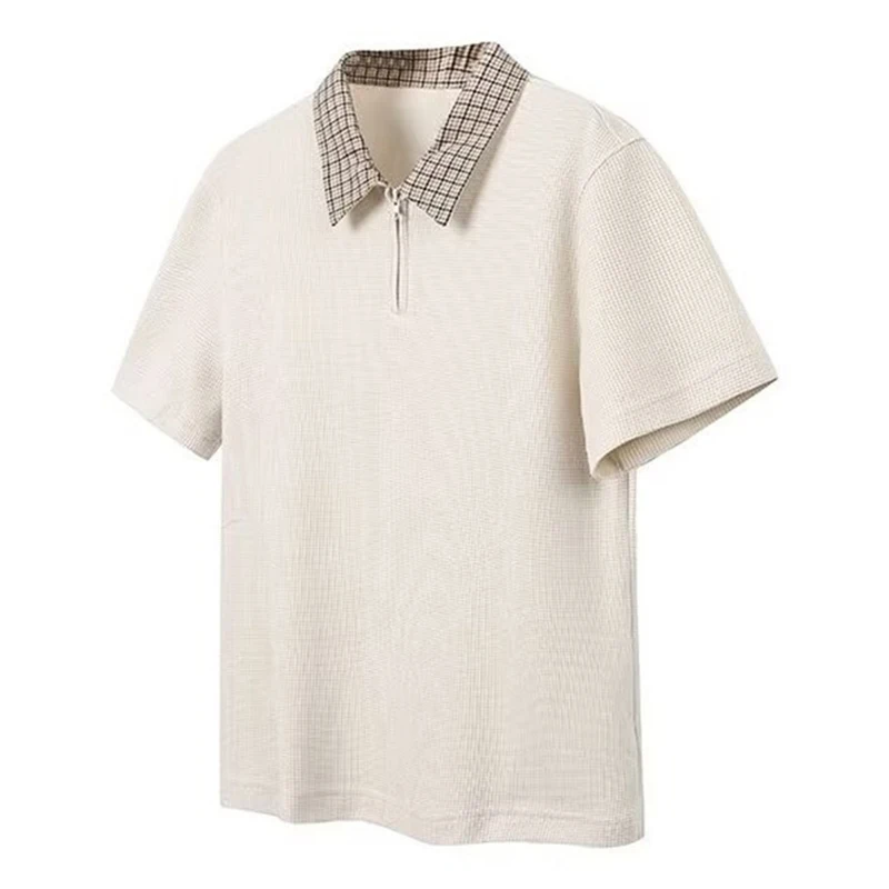

Summer Men's Retro Half Zip Plaid Collar Polo Shirts American Patchwork Short Sleeve Y2K T-shirt High Street polos para hombre