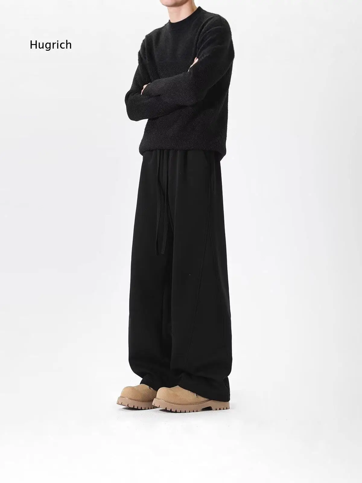 Mens American Heavy Weight Curved Sweatpants For Autumn Spliced Wide Leg Trousers Retro Good Drape Versatile Casual Sport Pants