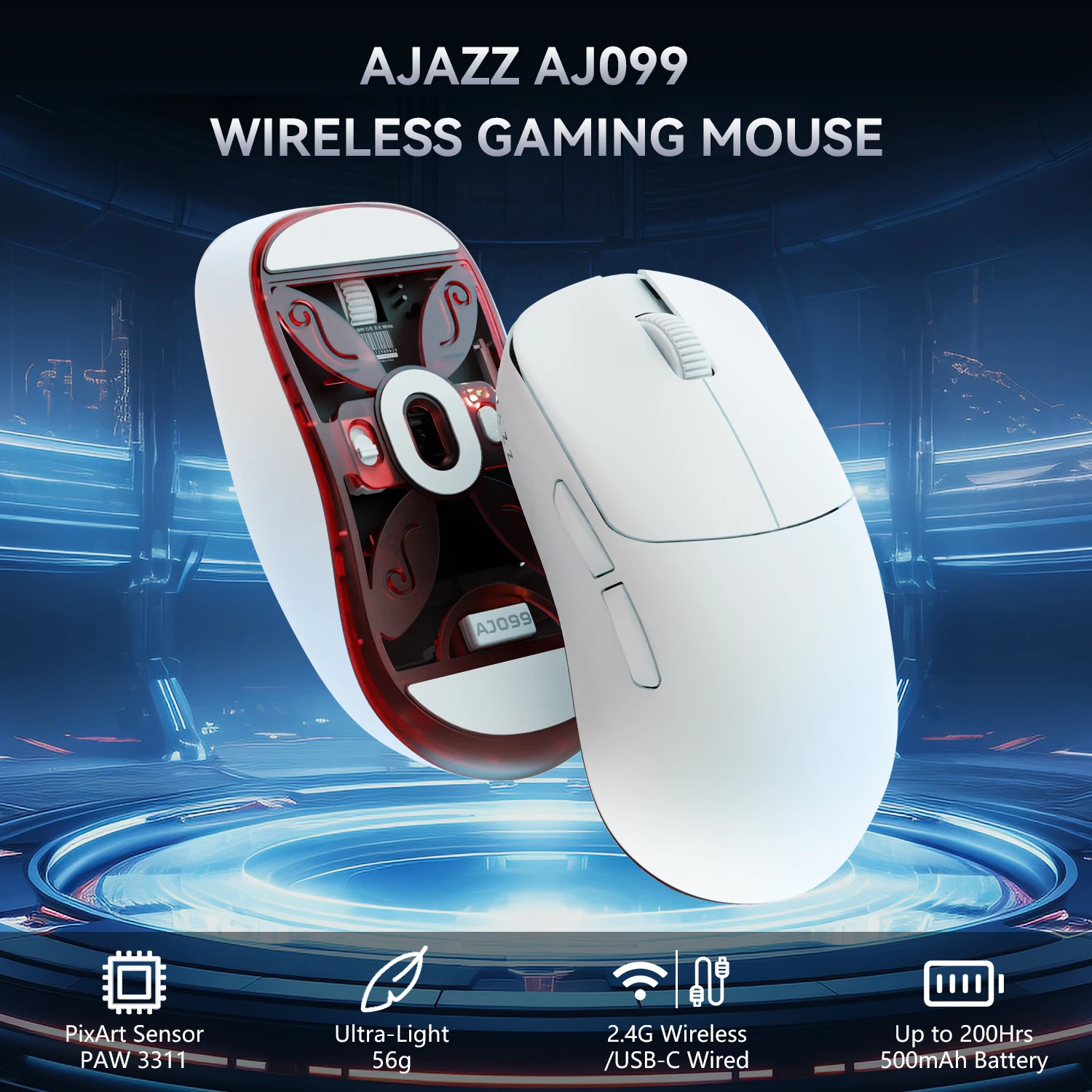 Attack Shark x AJAZZ AJ099 Wireless Gaming Mouse, Ultra-Light (56g), Pixart Sensor PAW3311, 12000DPI, 6 Programmable Buttons