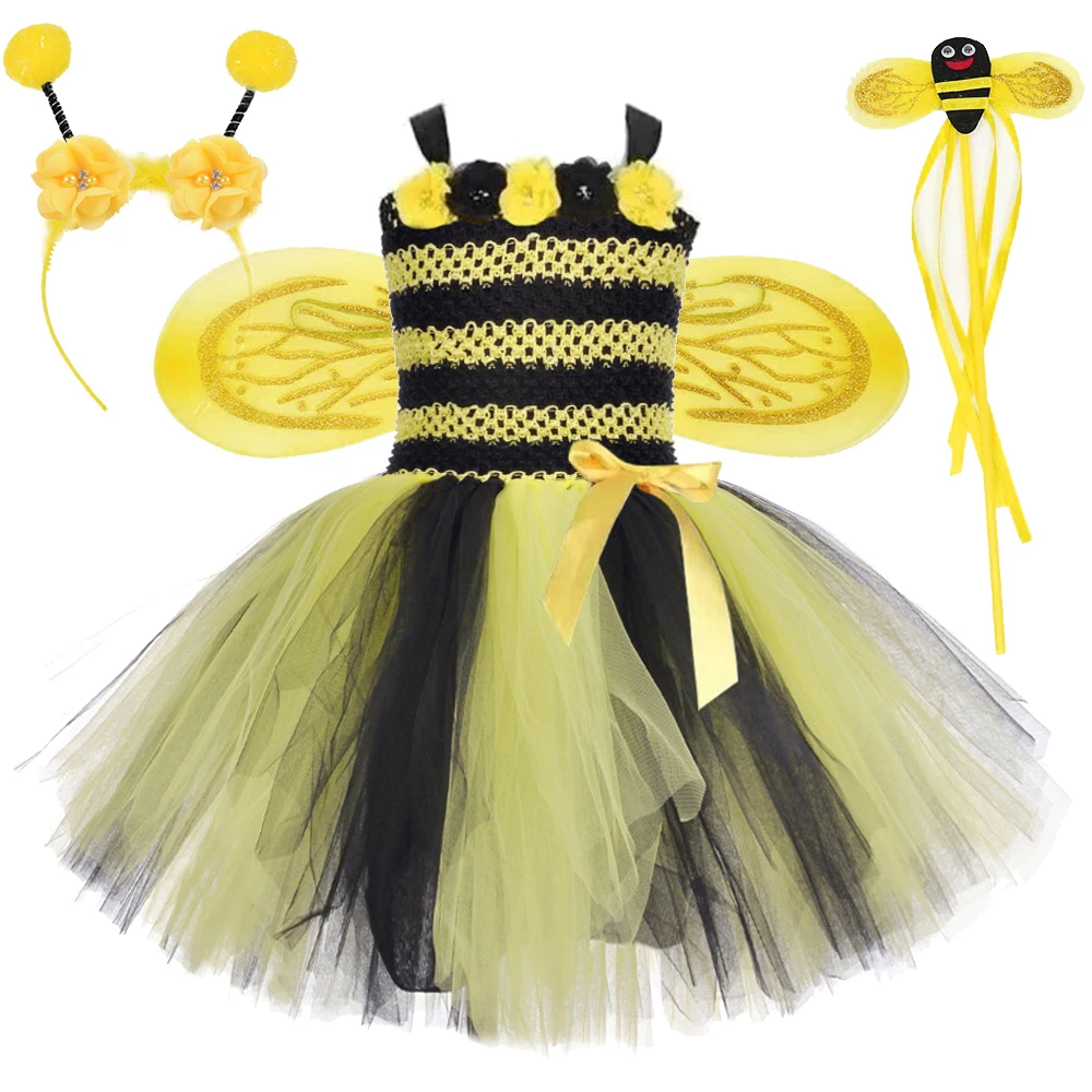 

Flowers Honeybee Costumes for Baby Girls Bumble Bee Cosplay Dresses with Wings Set Kids Halloween Outfit Birthday Party Clothes