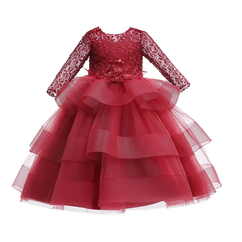 Vestido de manga larga con lentejuelas para niños, traje de gasa hinchada, Princesa, Piano, actuación de cumpleaños, novedad