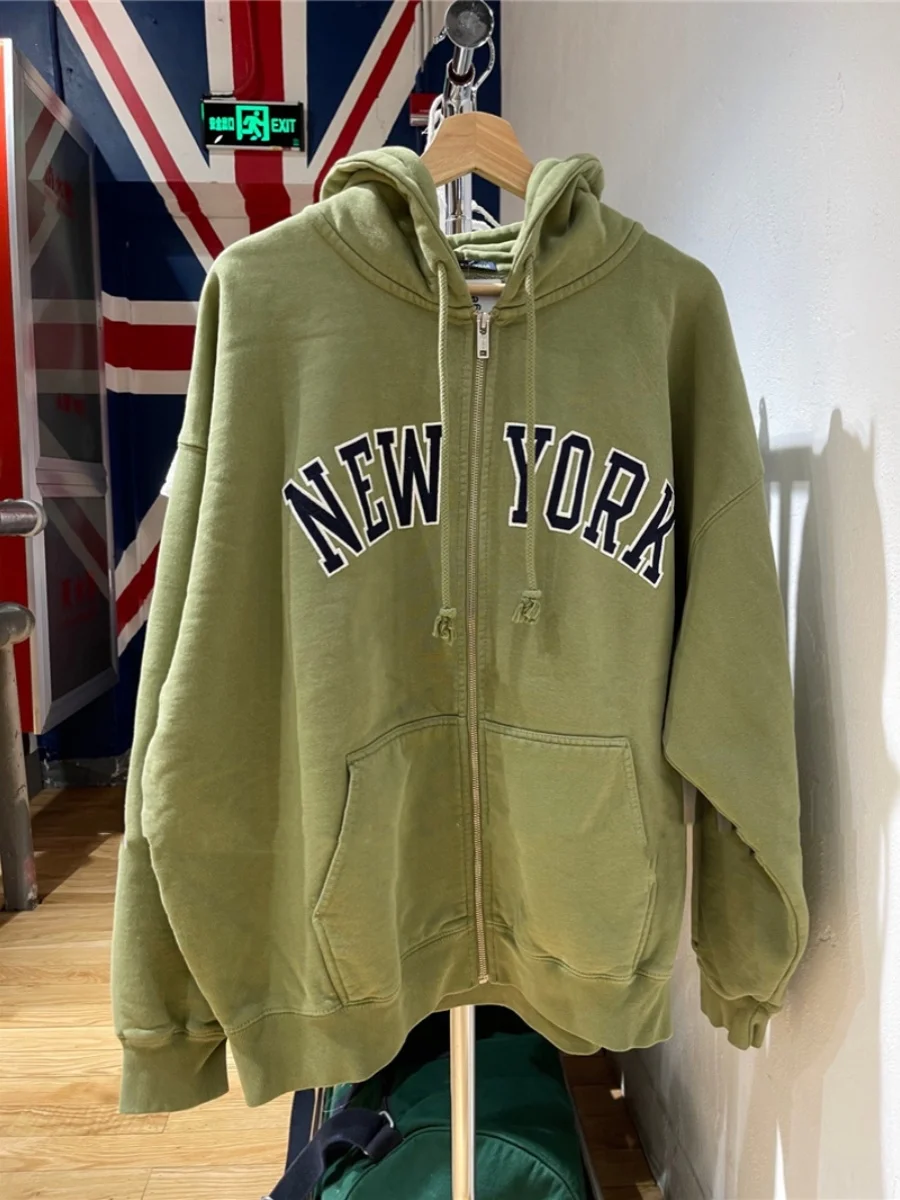 

Ретро-толстовка с вышивкой в стиле Нью-Йорк, на молнии, с капюшоном, BM Fce, классическая американская свободная верхняя одежда, женская, весенняя, хлопковая, с длинными рукавами