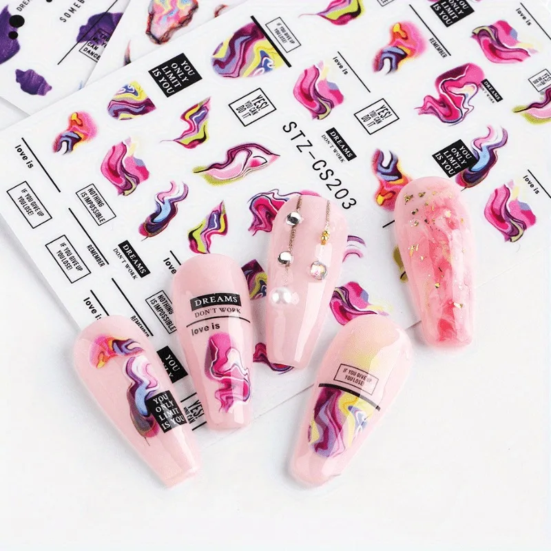피는 대리석 네일 스티커 데칼 3D 웨이브 라인 꽃 편지 봄 디자인 매니큐어 문신 네일 아트 슬라이더 장식