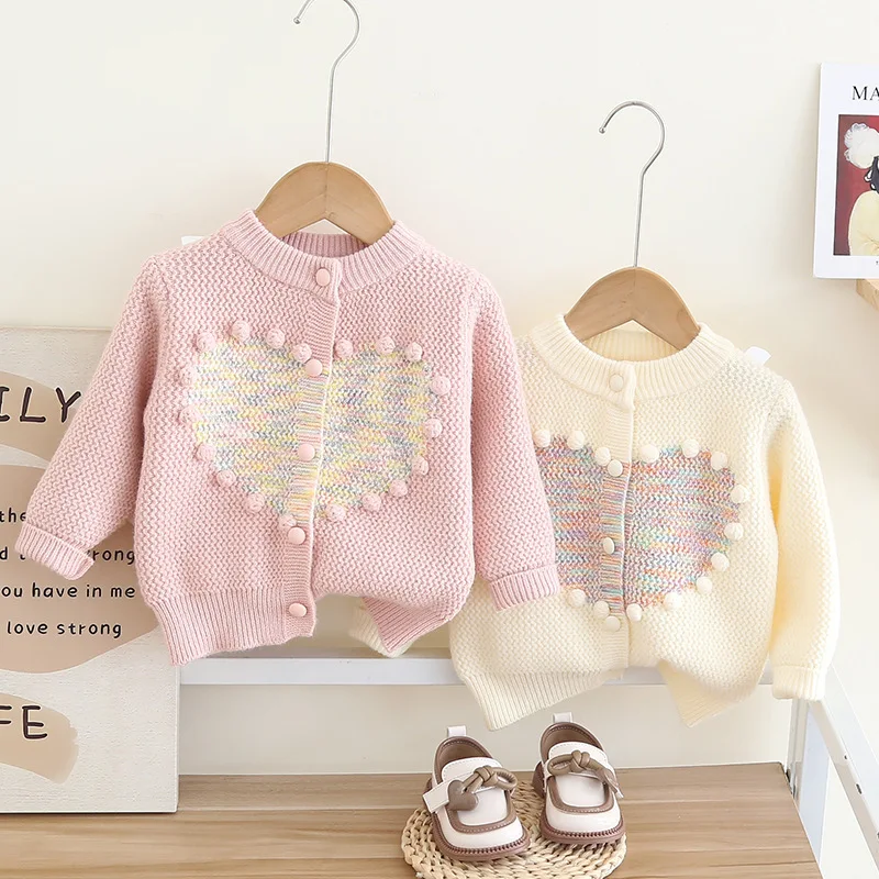 Girls Autumn Winter Knit Cardigan with Handmade Pompoms & Heart Pattern, Cute Casual Outerwear for Baby Toddlers