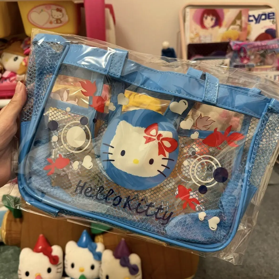 

Kawaii Anime Hello Kitty Sanrio Medieval Blue Transparent Goldfish Handbag Cute Summer New Large Capacity One Shoulder Kids Toys