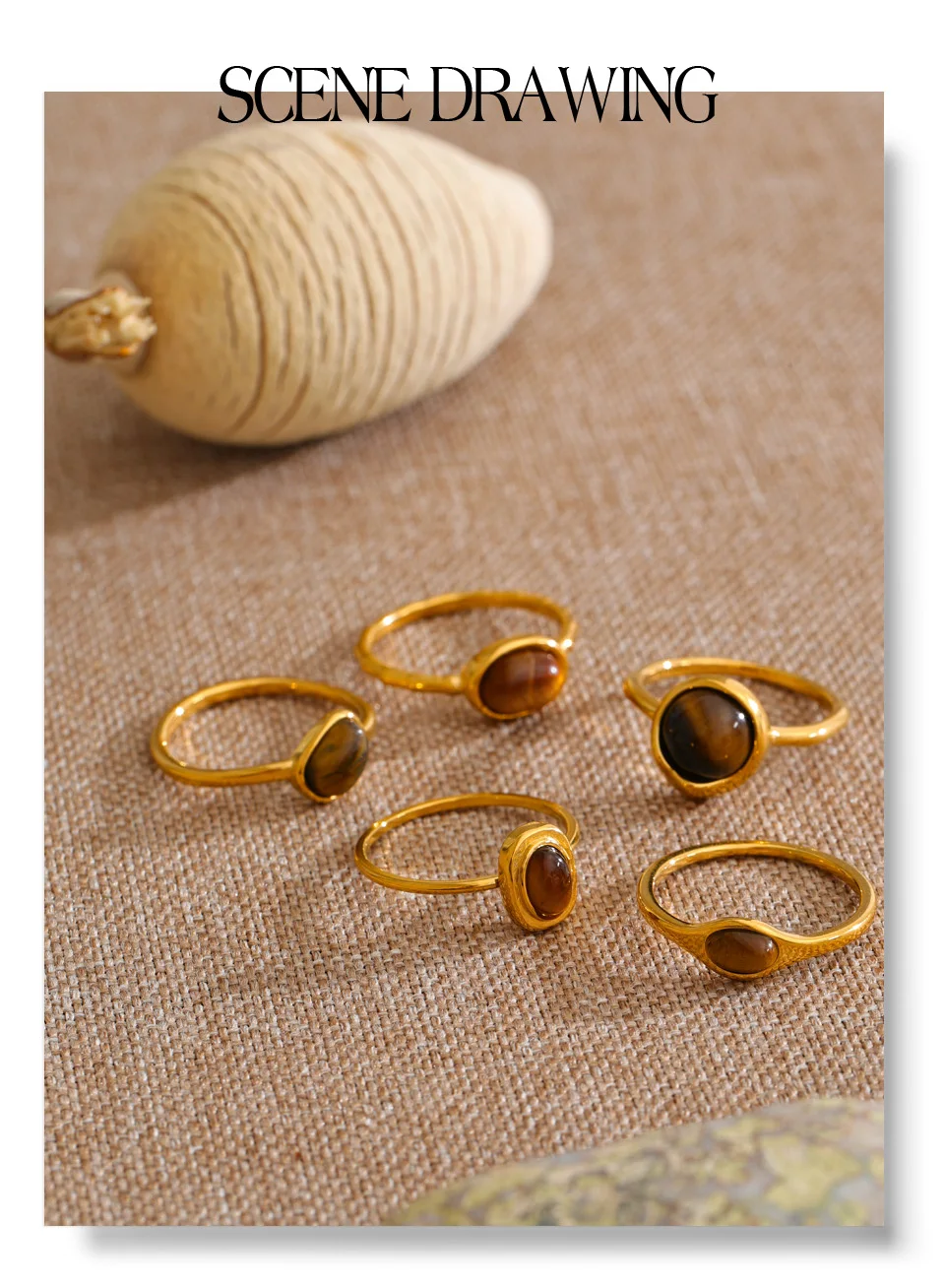 Yhpup Größe 7 Edelstahl-Ring mit natürlichem Tigerauge-Stein, 18K Goldfarben PVD-beschichtet, wasserdicht, dünn, schick, modischer Fingerschmuck – Detail 4