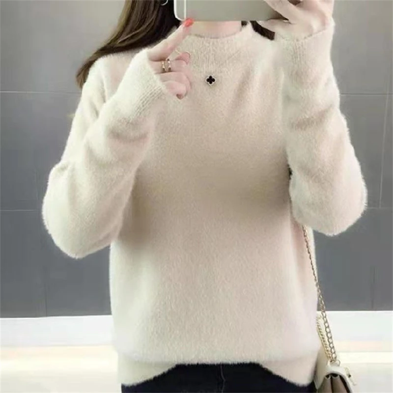 2023 autunno inverno donna stile coreano spesso caldo morbido maglione lavorato a maglia di base femminile solido manica lunga Pullover allentato