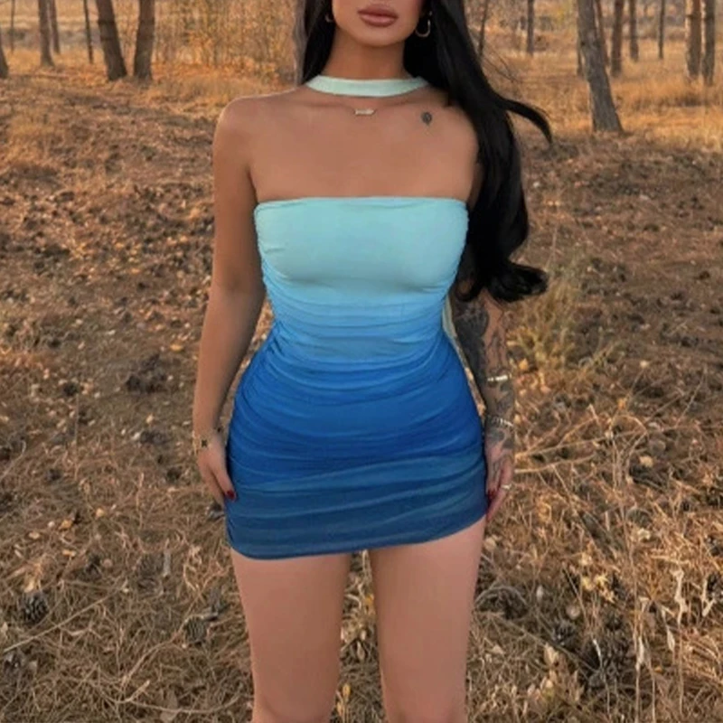 BKLD Chic Gradient Strapless Tight Fit Ruched Off-shoulder Backless Sexy Peach Hip Mini Dress Match Scarf Hot Girls Party Outfit