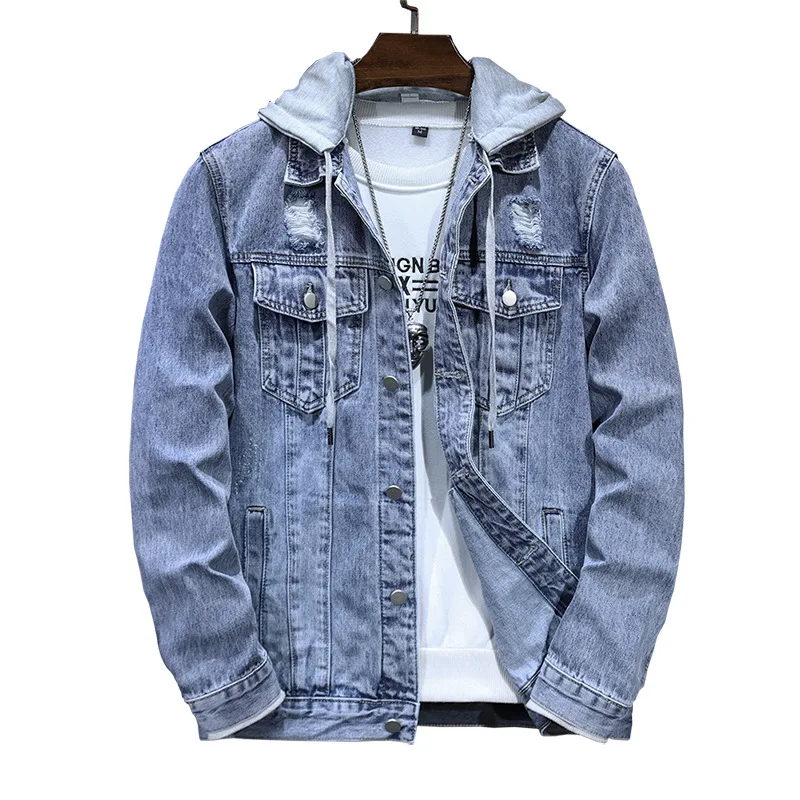 

Autumn New Men's Clothing Denim Jacket Fashion Detachable Hooded Designs Casual Top Slim Streetwear Single Breasted Men Coats