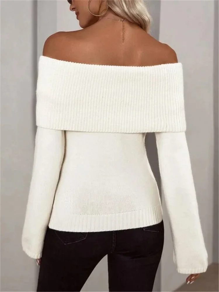 Witte Gebreide Trui Trui Vrouwelijke Off-Shoulder Slanke Mode Lange Mouw Hoge Taille Open Rug Losse Gebreide Streetwear Nieuw