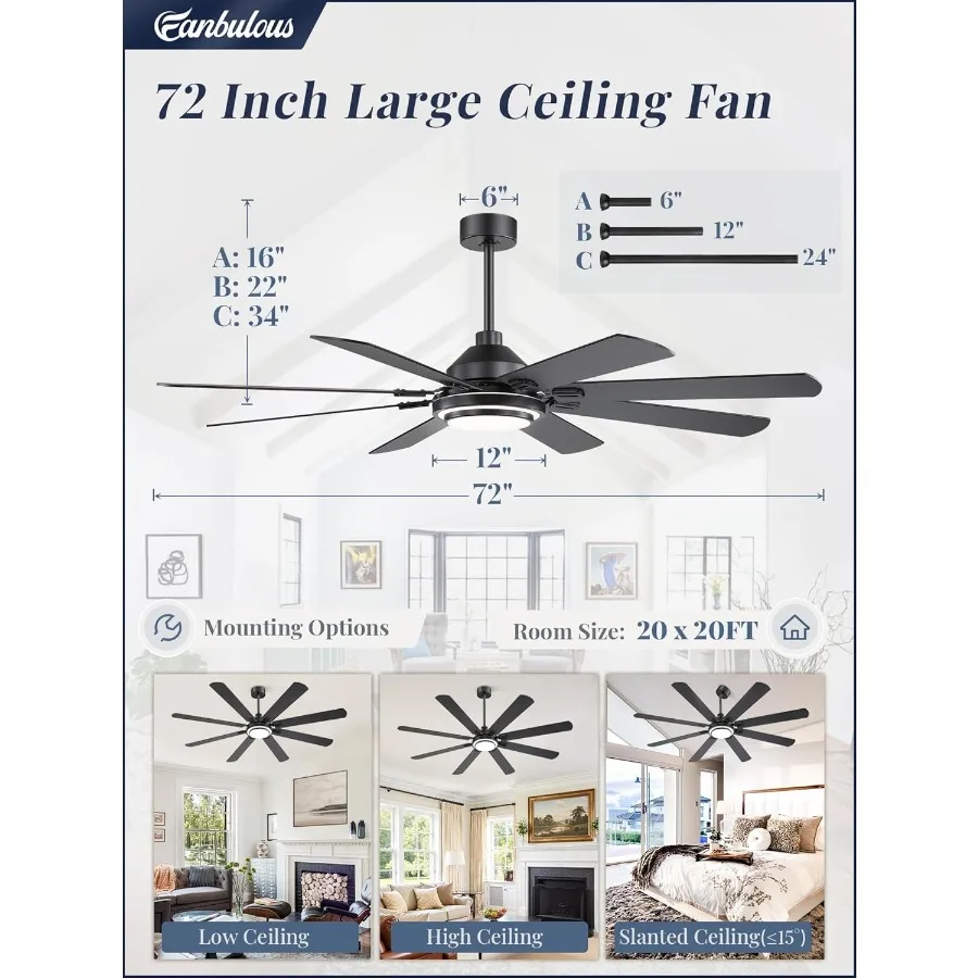 Ventilateurs de plafond de 72 pouces avec lumières et télécommande pour une utilisation intérieure et extérieure avec 8 pales double couleur, moteur à courant continu réversible, 6 vitesses