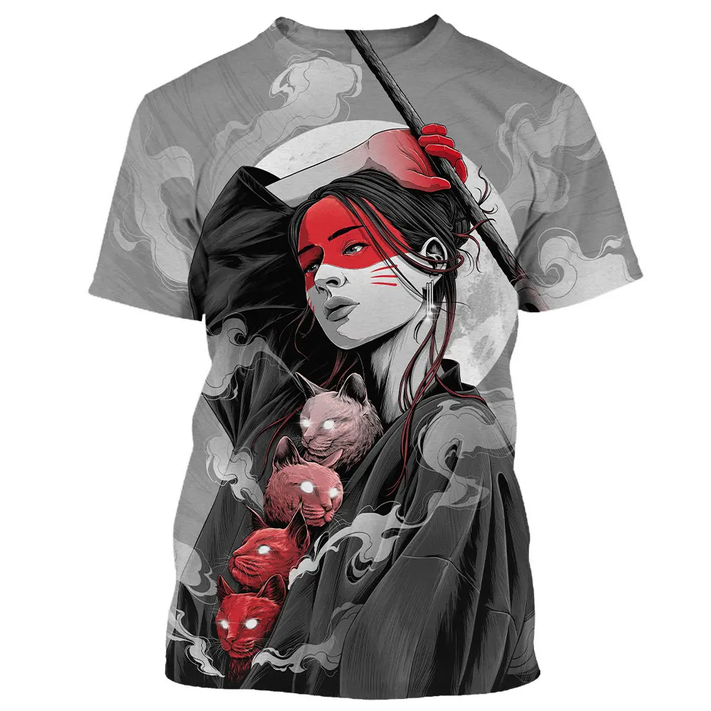 Summer Fashion Japanese Geisha Samurai cool T shirt Men Casual Hip Hop streetwear 3D Printed Color Painting Short Sleeve Tees