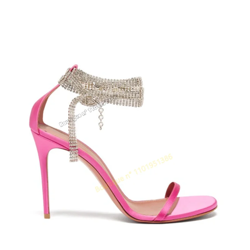 

Pink Crystal Chain Decor Sandals Ankle Strap Shoes for Women Open Toe Solid Stilettos High Heels Shoes 2023 Zapatos Para Mujere