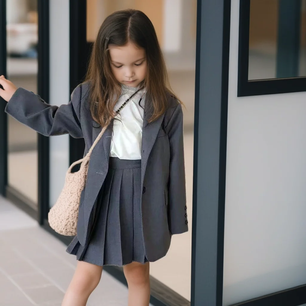School Girl's Grey Suit 2026 Autumn Jacket Pleated Skirt Two Pieces Set for Kids Fashion Grey Blazer Outfit Children Costumes